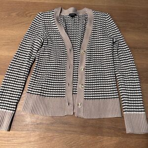 Halogen Black and White Striped Cardigan with Tan Accents